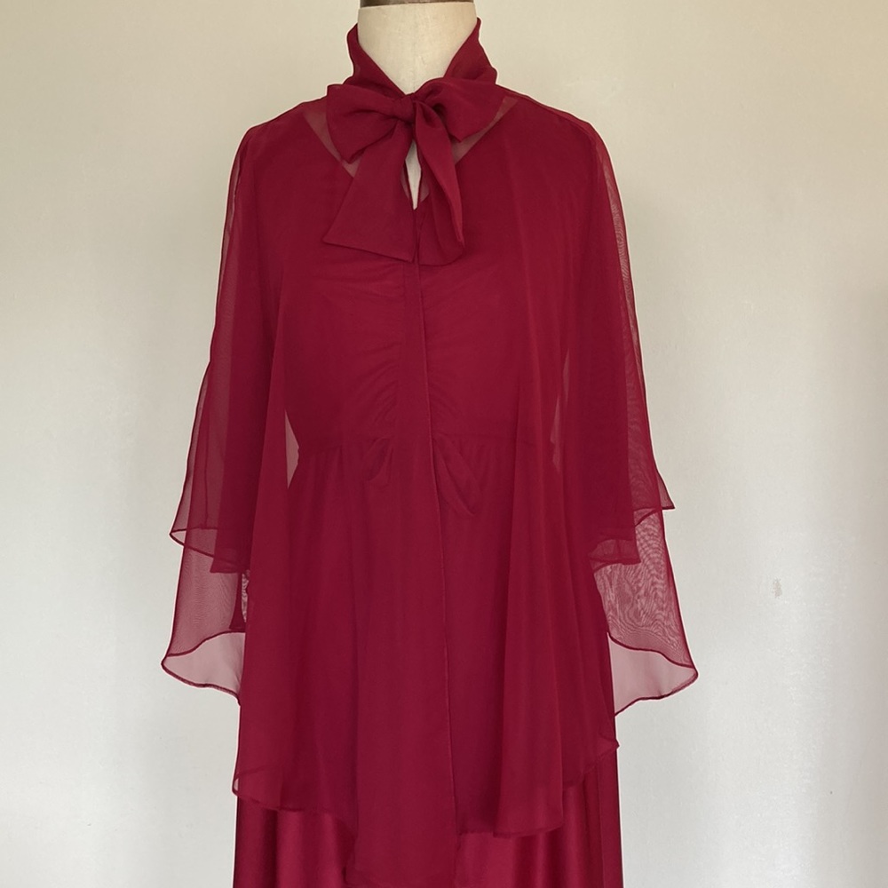 70s 2-piece set, maxi sleeveless dress and sheer floral capelet, burgundy, S - Picture 3 of 16